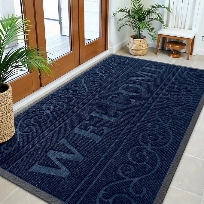 OLANLY Welcome Door Mat Indoor Outdoor Entrance, Heavy Duty Sturdy Front Door Mat, Waterproof All-Weather Doormat, Stain Resistant, Low Profile, Easy Clean Patio Entryway Mat, 59 x 35, Navy Blue