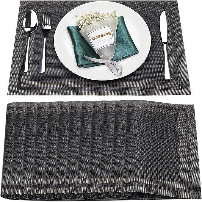Placemats Set of 12,Washable,Heat and Stain Resistant Indoor/Outdoor Place mats,Vinyl Woven Non Slip Table Mats for Restaurant Table Protection,PVC Placemats(Black Gold,12PCS)