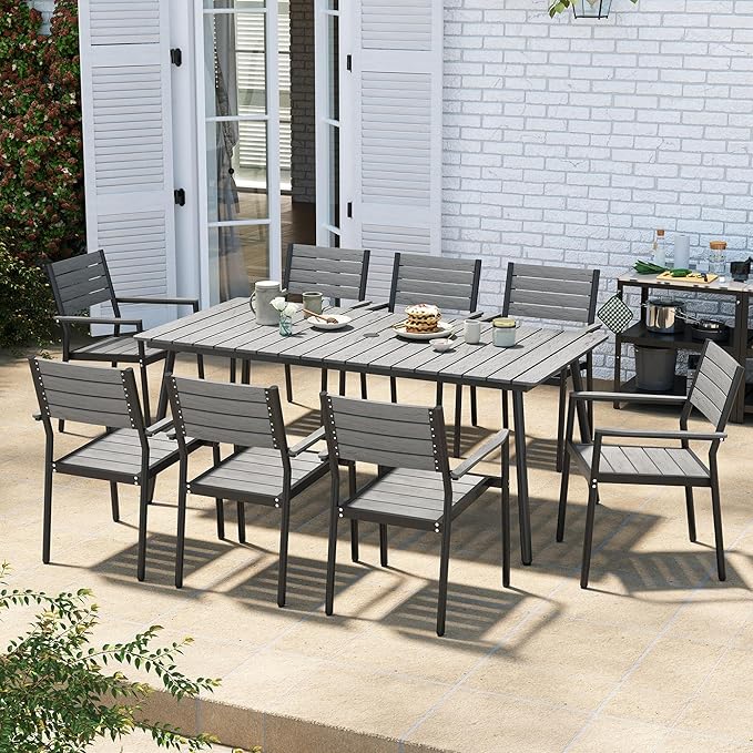 70" Patio Outdoor Dining Table for 6, Weather-Resistant Aluminum Frame with Wood-Grain Top & Umbrella Hole for Deck Gatherings, Grey