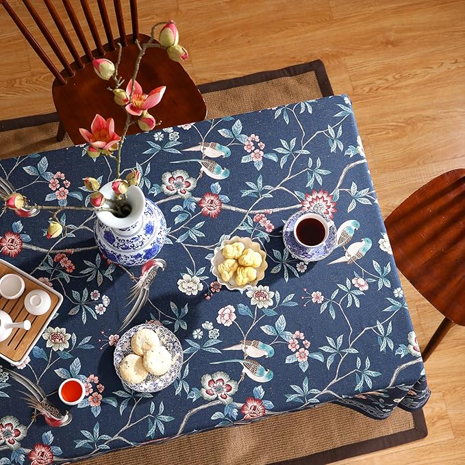 patdrea Designer Dark Blue Linen Rectangle Tablecloth,Vintage Navy French Floral and Birds Pattern Table Cloth,Decoration Table Cover for Kitchen,Dining,Tea Party,Home,Christmas,55"*87"