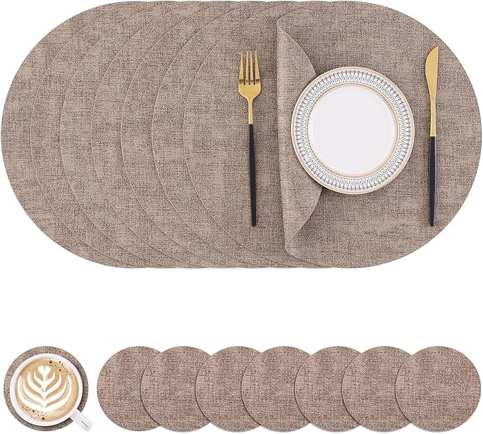 Homaxy Round Faux Leather Placemats and Coasters, Washable Dual-Side Table Mats, Wipeable Heat-Resistant Dining Place Mats for Outdoor and Indoor, Set of 8, Diameter 13 and 3.93 inch, Light Brown