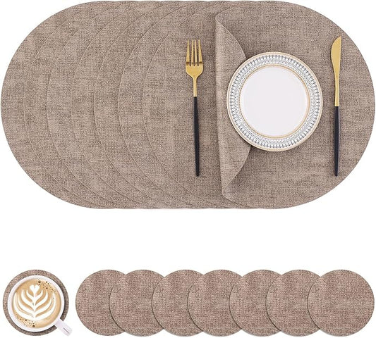 Homaxy Round Faux Leather Placemats and Coasters, Washable Dual-Side Table Mats, Wipeable Heat-Resistant Dining Place Mats for Outdoor and Indoor, Set of 8, Diameter 13 and 3.93 inch, Light Brown