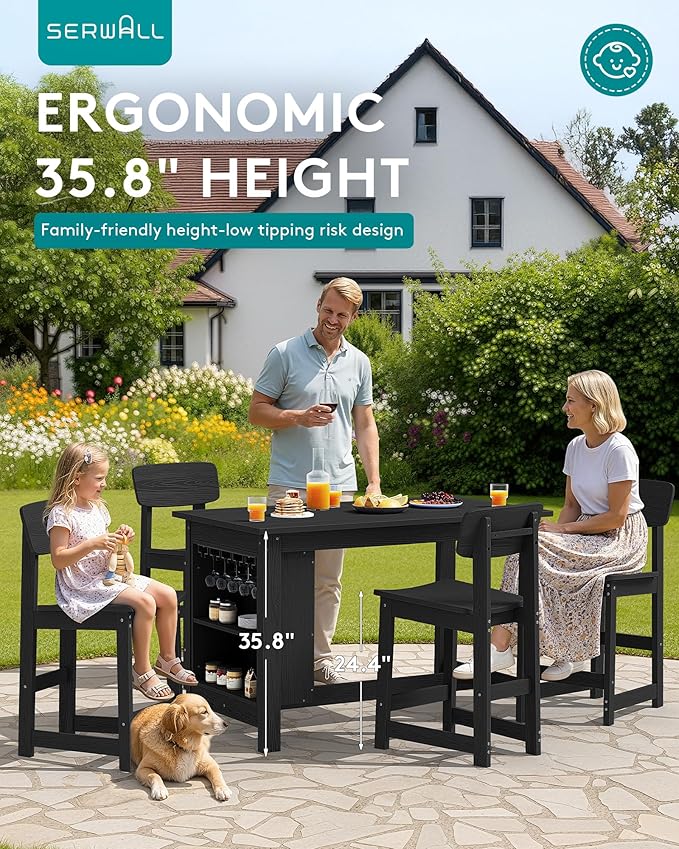 SERWALL Outdoor Bar Table and Chairs Set, 5-Piece HDPE Counter Height Patio Dining Sets with Storage and Wine Rack, Rectangular High Top Bar Table with 4 Bar Stools for Garden, Backyard, Black