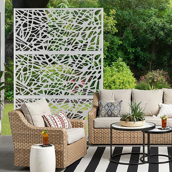 Metal Privacy Screen for Outdoor & Indoor Use, Free Standing Privacy Screen for Patio Garden Pool, 72" H x 47" W Decoative Privacy Panels, Weather Resistant, Easy Assembly (White Net)