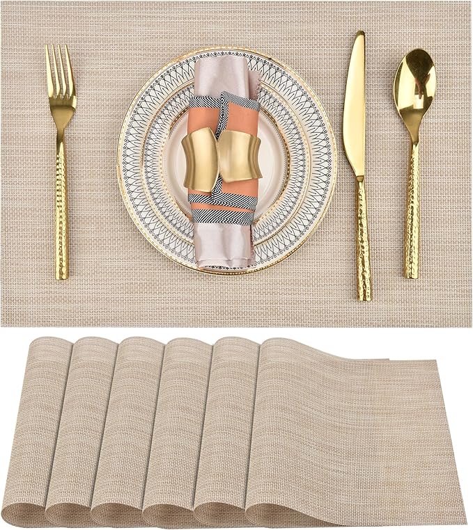 SLKQG Placemats Set of 6 - Easy Clean Washable Vinyl Placemats - Wipeable Heat Resistant Table Mats for Dining Table - 17.7x11.8 Inch (6, Beige)
