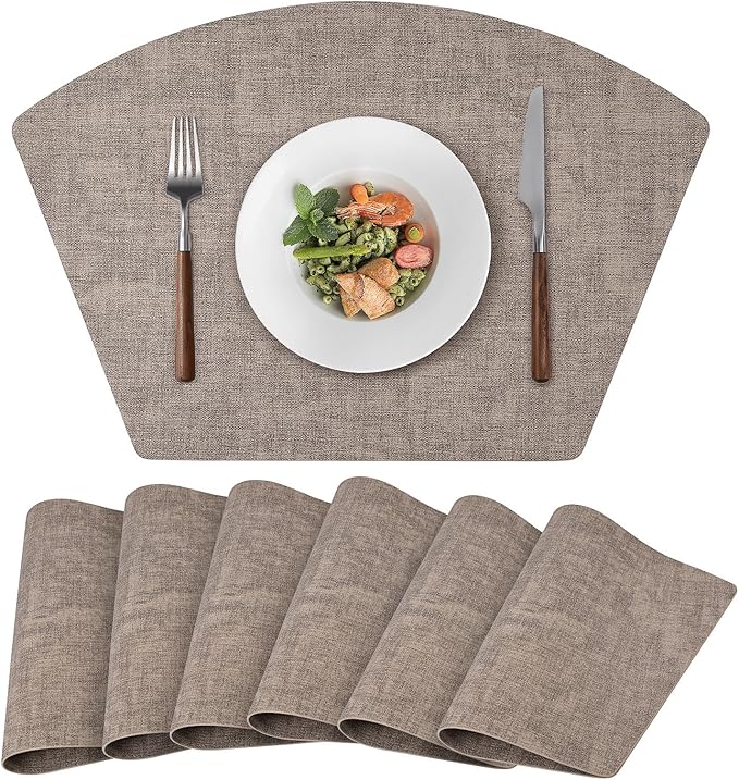 Round Table Placemats Set of 6, Faux Leather Wedge Shape Place Mats Heat Resistant Wipeable Washable Table Mats for Dining Outdoor Indoor, Camel