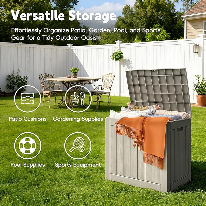 Mars Villa 31 Gallon Deck Box, Waterproof Weatherproof and UV Resistant Resin Storage Bin with Lockable Lid, Ideal for, Outdoor, Patio Furniture Cushions, Pool Supplies, Garden Tools, Greige