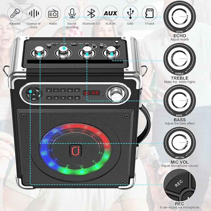 JYX Karaoke Machine with Two Wireless Microphones, Portable Bluetooth Speaker with Bass/Treble Adjustment, PA System with Remote Control, LED Lights,Supports TF Card/USB, AUX IN, FM, REC,TWS for Party