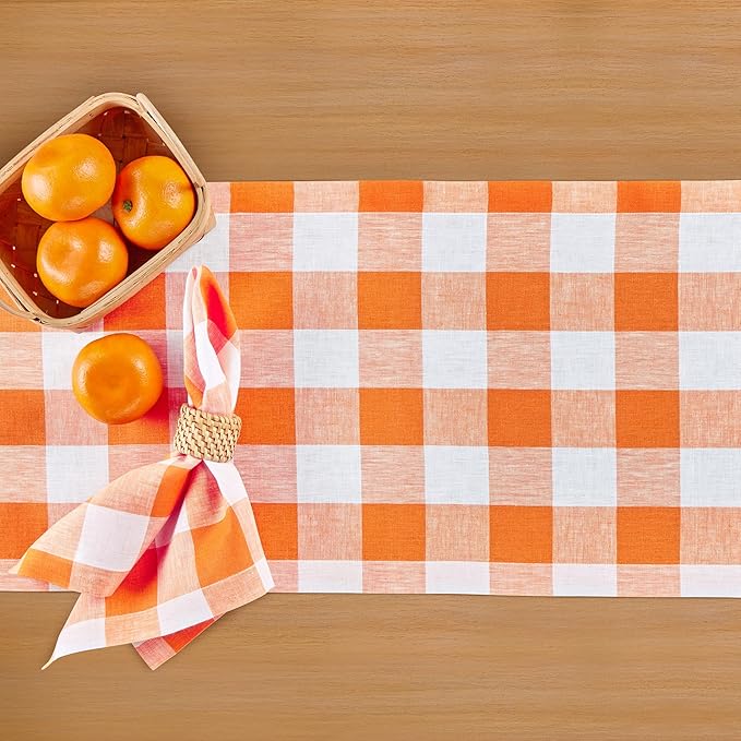 Solino Home Linen Checkered Table Runner 48 Inches - 100% Pure Linen Pumpkin and White Buffalo Check Short Table Runner 14 x 48 Inch Ideal for Dresser and Coffee Tables
