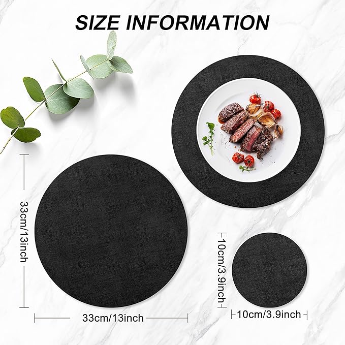 Round Faux Leather Placemats and Coasters, Set of 8, Reversible Heat Resistant Non-Slip Table Mats, Waterproof Wipeable Place Mats for Dining Table, Washable for Indoor & Outdoor (8, Black)