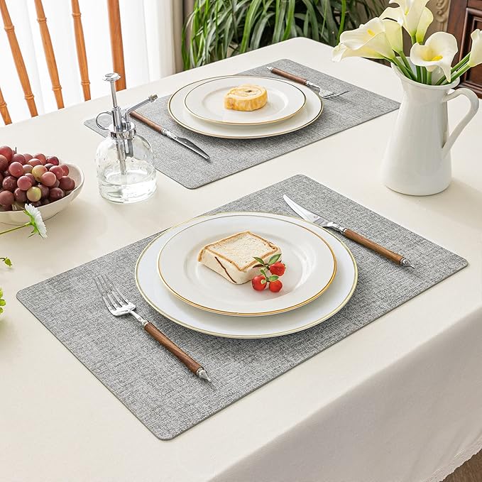 Romanstile Vinyl Placemats Set of 6-12 X 17 Inch - Heat Resistant Place Mats 100% Waterproof Oilproof Wipeable Reversible Faux Leather Table Mats for Kitchen, Dining, Party, Outdoor, Light Grey