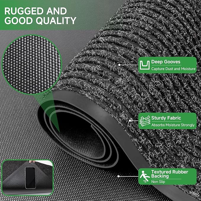 Front Door Mat, Heavy Duty Indoor Outdoor Doormat for Entryway, 60" x 48" Low Profile Outdoor Mats for Home Entrance, Stain and Fade Resistant Welcome Mat for High Traffic Area, Black
