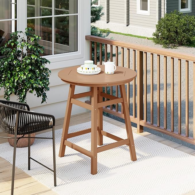 Costaelm Patio Bistro Table, 37" Counter Height Round Patio Cocktail Bar Table with Umbrella Hole, Outdoor Bistro Dining Pub Table for Front Porch Deck Backyard Garden, Teak