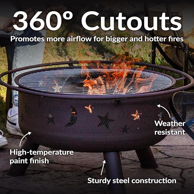 Sunnydaze Cosmic 30-Inch Patio Fire Pit for Outside - Outdoor Wood-Burning Fire Pit with Grill Grate, Spark Screen, and Fireplace Poker