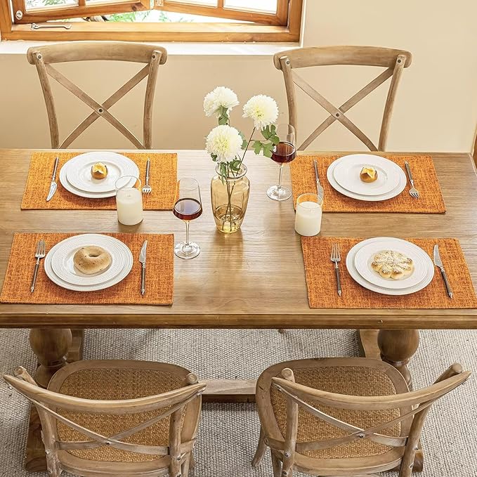 Blue Forest Placemats Set of 4, Dual-Layered Thickened Faux Linen Cloth Place Mats Heat Resistant Machine Washable Wrinkle Free Table Mats Indoor/Outdoor (Orange)