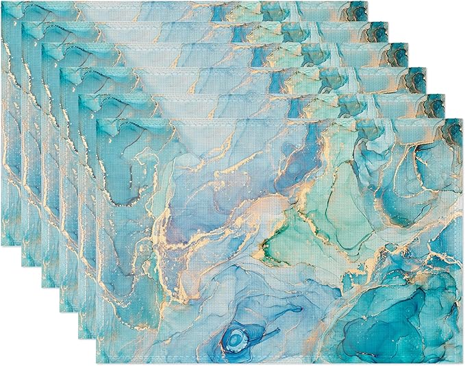 Marble Placemats Set of 6,Blue Teal Turquoise Gold Table Mats Non-Slip Heat Resistant Washable Placemat for Party Kitchen Dining Table Decoration Indoor Outdoor