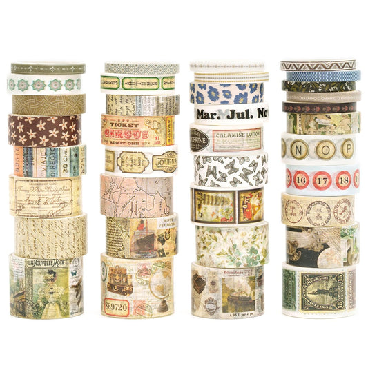 36 Rolls Vintage Washi Tape Pack Retro Arts Adhesive Tapes Wide Chronicle Decorative Masking Tape Sets for Craft, Kids, Scrapbook, DIY, Gift Wrapping (Globetrotting)