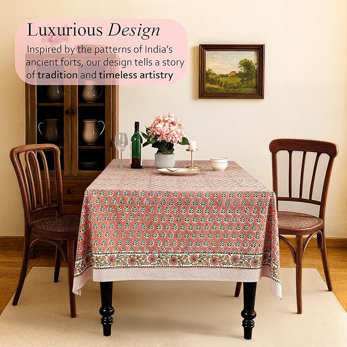 Cotton Print Club-100% Pure Cotton Tablecloth Table Cover - Indian Hand Block Printed Rectangle - for Wedding, Mothers Day Poppy Pink 160" x 72" (Rectangular)