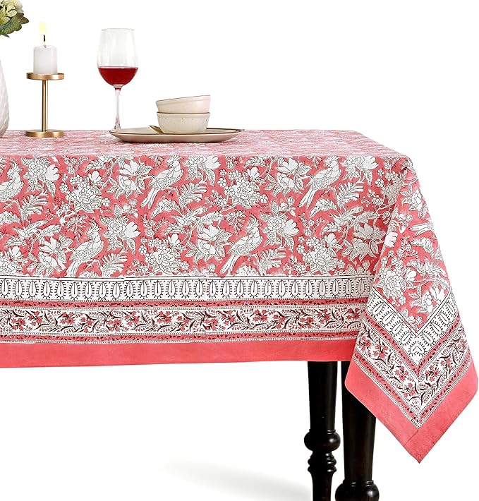 CPC Tablecloth 100% Cotton 70x108 Inch Indian Block Print Rectangle Table Cover, Pink Table Cloth for Weddings, Thanksgiving and Christmas - Pink Coral