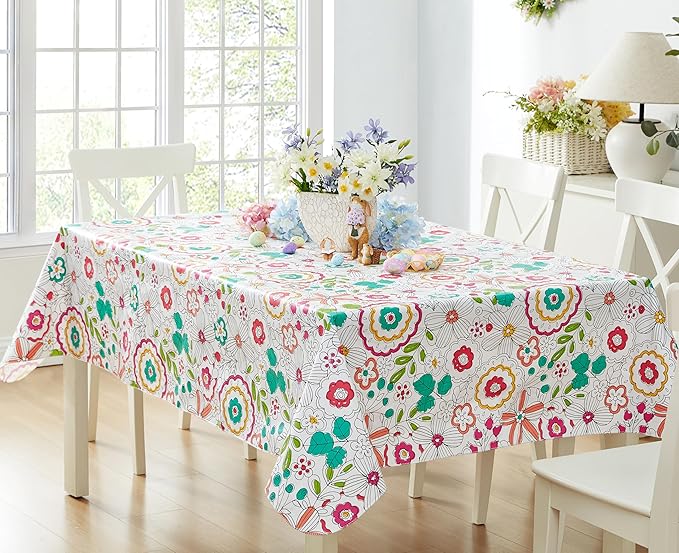 Newbridge Shabby Chic Lily Print 60 x 84 Inch Rectangle Vinyl Flannel Backed Tablecloth, Pink Yellow and Green Lily Indoor and Outdoor Waterproof Vinyl Table Cover for Spring Holiday Party