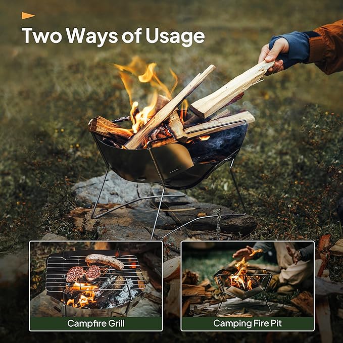 Thous Winds Outdoor Fire Pit, 12-inch Portable Camping Fire Pit, Stainless Steel Camp Grill Wood Burning Charcoal for BBQ Bushcraft Backpacking, with Storage Bag