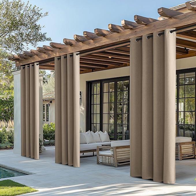 NICETOWN Outdoor Curtains for Patio Waterproof, Thermal Insulated Linen Textured 100% Blackout Outside Drapes for Gazebo, Privacy Sun Shades for Indoor, Bathroom, W52 x L84 Inch, Taupe, 2 Panels
