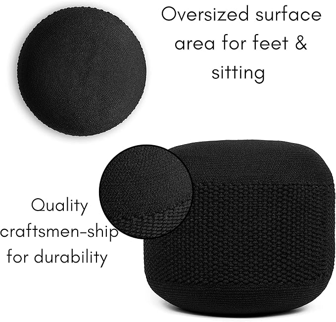BIRDROCK HOME Outdoor Pouf Ottoman | Hand Woven Waterproof Foot Stool with Bead Bag Filling | Boho Foot Rest for Patio, Living Room, Porch & Outdoor Seating | Lightweight, Soft Stuffed Chair | Black