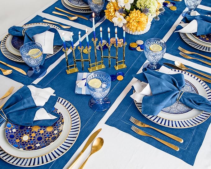 Solino Home Linen Indigo Blue Hemstitch Table Runner 60 Inches - 100% Pure Linen Small Table Runner 14 x 60 Inch Ideal for Dresser and Coffee Tables - Classic Hemstitch - Winter, Spring, Easter