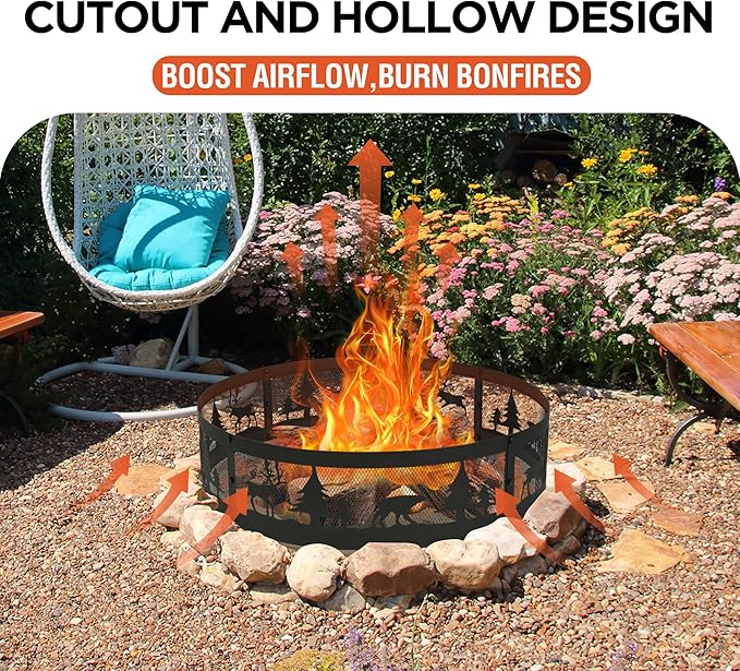 Red Mountain Valley 36 Inch Fire Pit Ring with 360° Forest & Wildlife Design, Portable Steel Wood Burning Firepit Ring for Outdoor Camping, Bonfires, Beach,Patio, fire Pit kit, Black