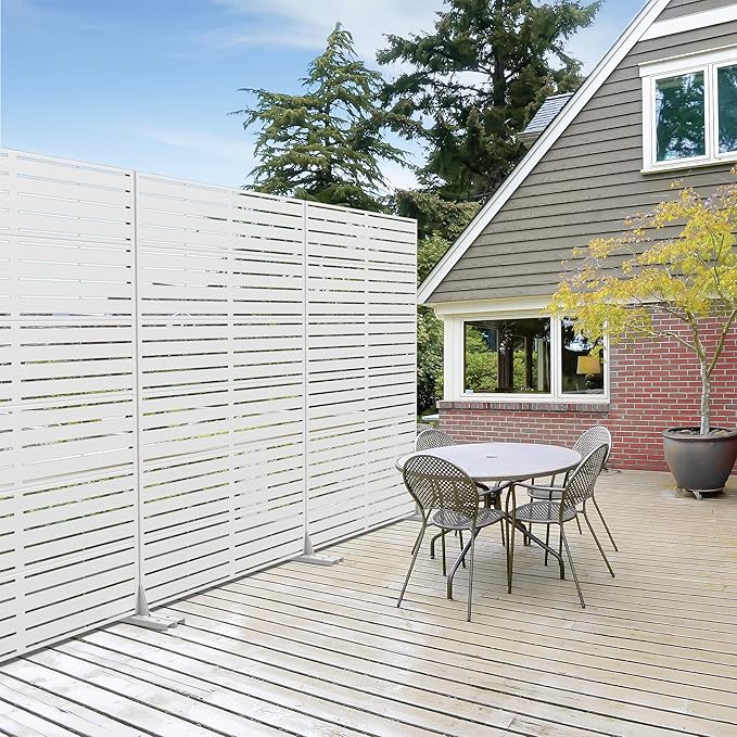 Casaphoria 72" H x 45" W Metal Privacy Screen, 2 Pack Outdoor Freestanding Decorative Divider for Patio & Garden with Stable Base, White-Louvered