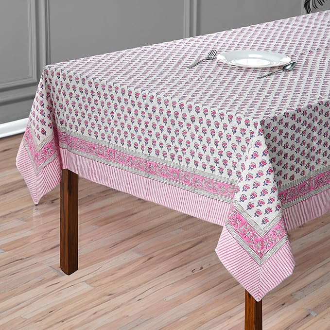 CPC Tablecloth 100% Cotton 72x190 Inch Indian Block Print Rectangle Table Cover, Pink Table Cloth for Weddings, Spring/Summer, Barbeque - Pink Sapphire