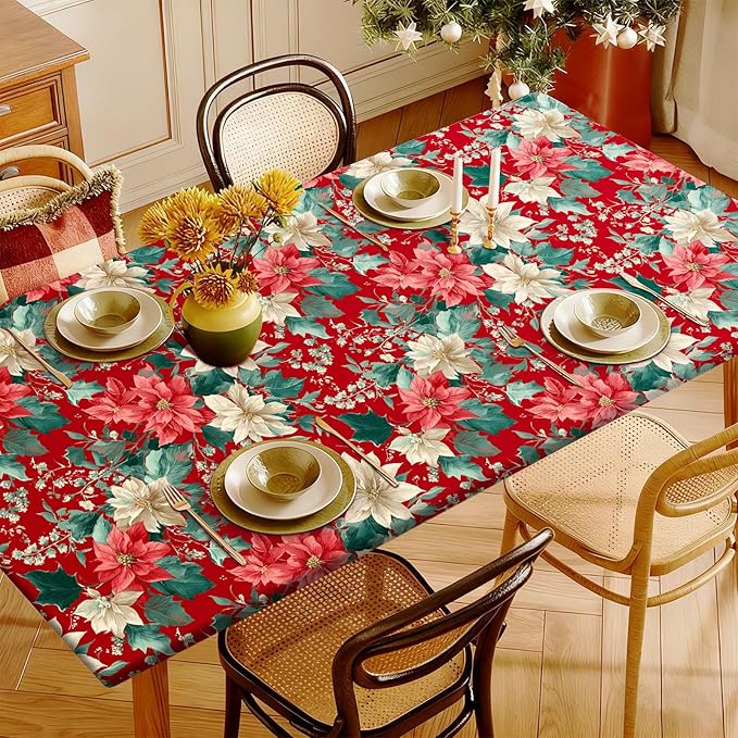 Rectangle Table Cloth Cover Waterproof Elastic Fitted Polyester Fitted Tablecloths for 8 Foot Tables for Indoor,Picnic, Camping, Outdoor （96" x 30"，Christmas Flowers）