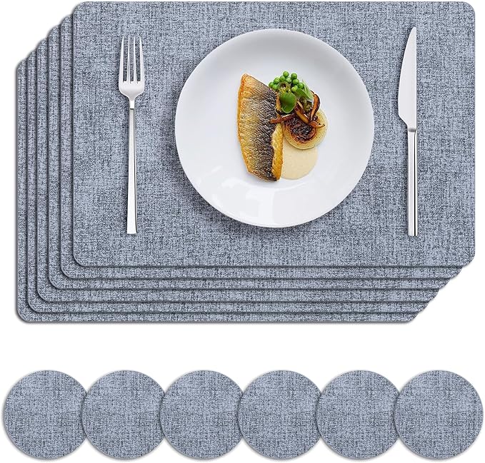 MOSAYT Faux Leather Placemats Set of 6, Heat Resistant Wipeable Washable Vinyl Place Mats with Coasters, Waterproof Oil Proof Table Mats for Kitchen Dining Party Indoor Outdoor, 12" x 17", Sky Blue