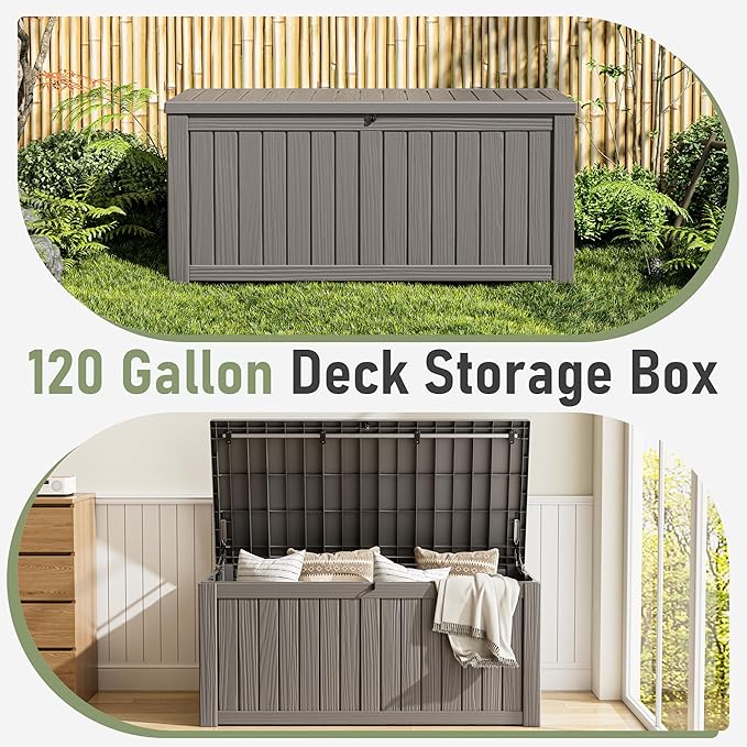 Outdoor Storage Box, 120 Gallon Deck Box, Resin Waterproof Outside Storage Bench, Outdoor Storage Cabinet With Lockable Lid, Backyard Deck Box For Garden Tools, Patio Cushions, Pool Accessories