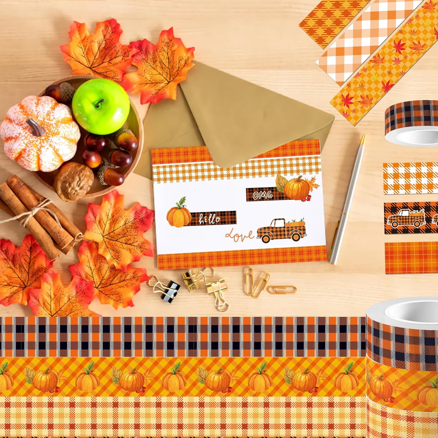 12 Pcs Thanksgiving Washi Tape Fall Maple Leaf Masking Tape Pumpkin Pattern Decorative Paper Sticker for Fall Party Holiday Scrapbook DIY Craft Gift Wrapping Handbook Sticker