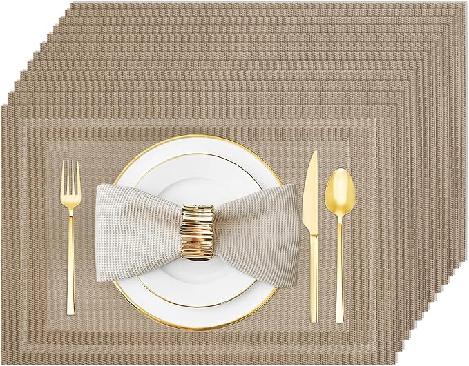 Placemats Set of 12 Washable& Wipeable Placemats for Dining Table Kitchen Indoor Outdoor Table mats Heat Resistant Non Slip Woven (Khaki，12PCS)