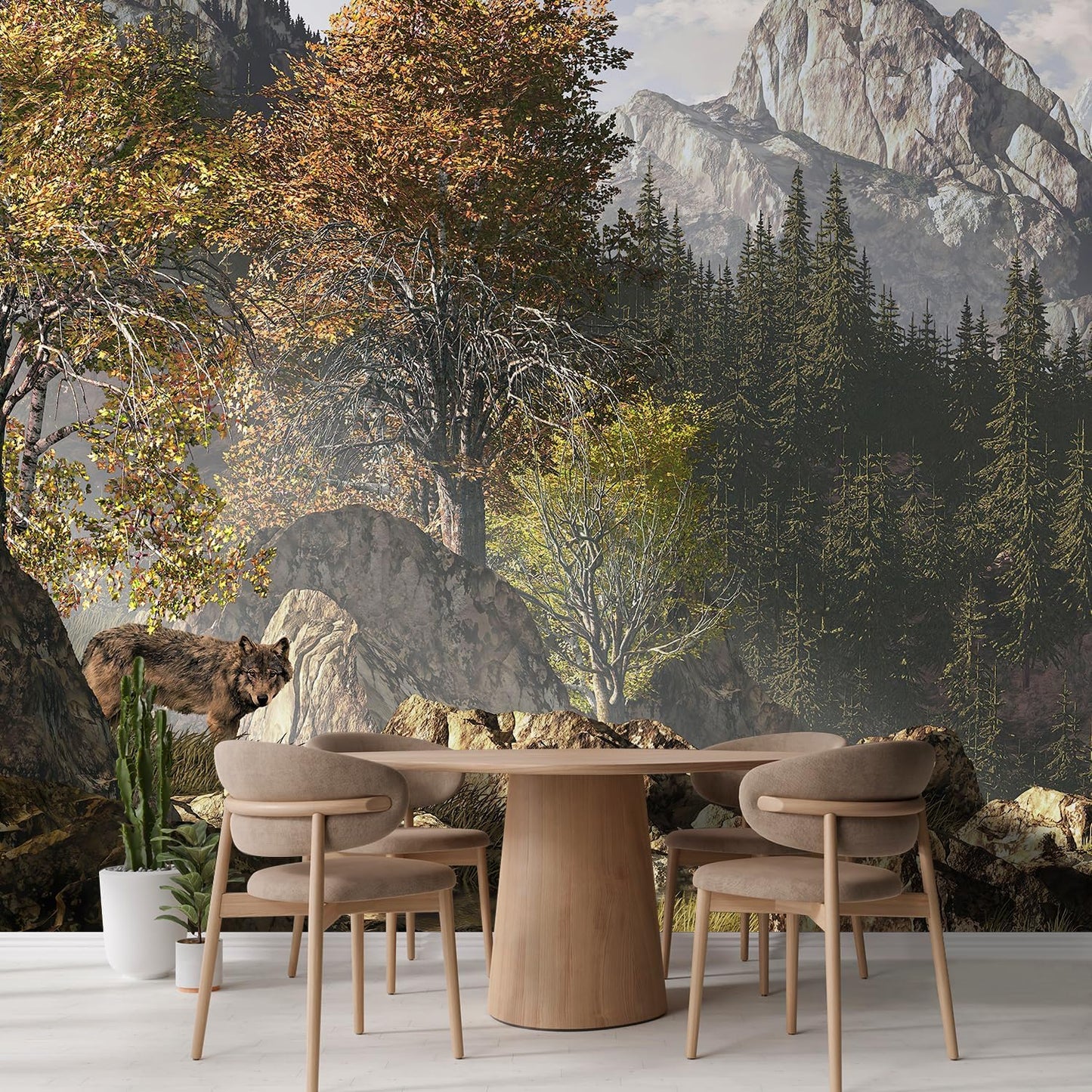wall26 Wall Sticker/Wall Mural Wolf Near a Lake in a Rocky Mountain Landscape, Not Peel and Stick, Non-Woven Wallpaper Decorative for Bedroom, Living Room, Office - 99x96 inches