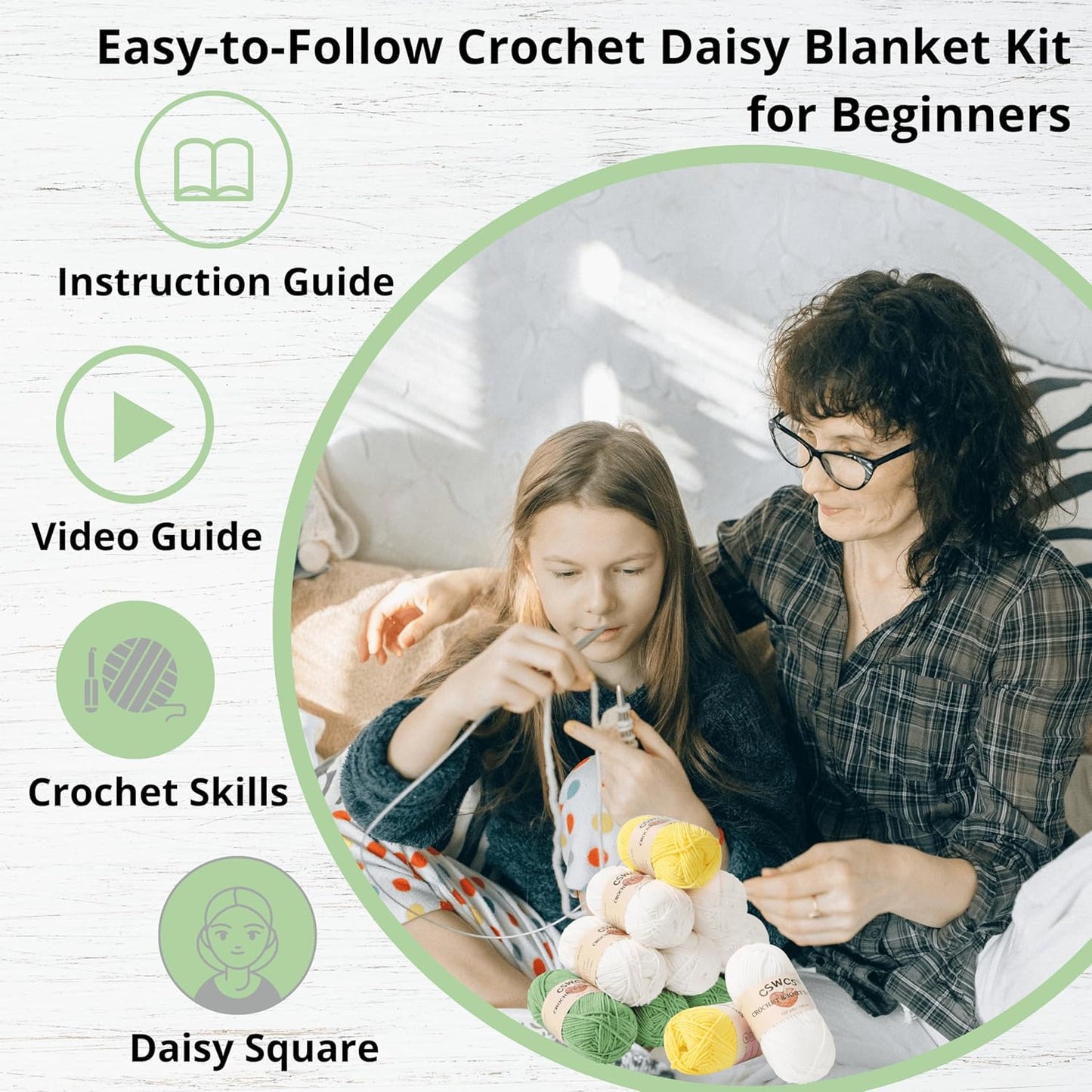 CSWCS Crochet Blanket Kit for Beginners, Daisy Granny Square Throw Kit for Adults, Easy Learn How to Knitting with Yarn & Hook, Complete Starter Set with Step-by-Step Instructions (39" x 31")