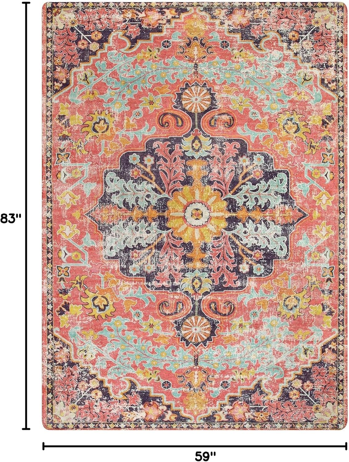 Lahome 5x7 Boho Living Room Rug Colorful Bedroom Rug, Large Bohemian Nursery Rugs, Hot Pink Non-Slip Machine Washable Soft Playroom Mat Indoor Floor Accent Carpet for Dining Table Mud Room