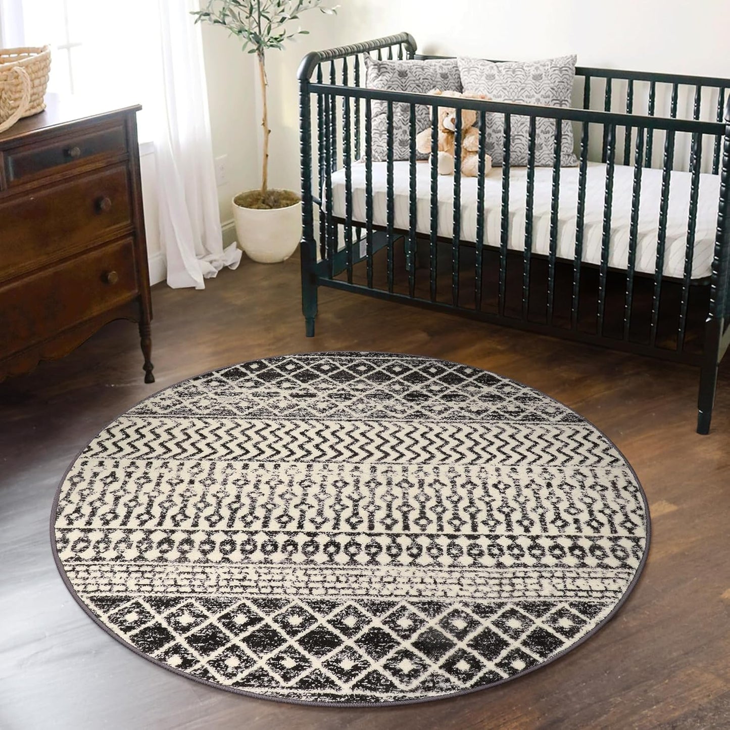 Moroccan Round Rug 3ft, Black Distressed Entryway Rug Non-Slip Circle Rug, Washable Non-Shedding Throw Rugs Indoor Door Mat for Bedroom Bathroom Kitchen Laundry Room Nursery