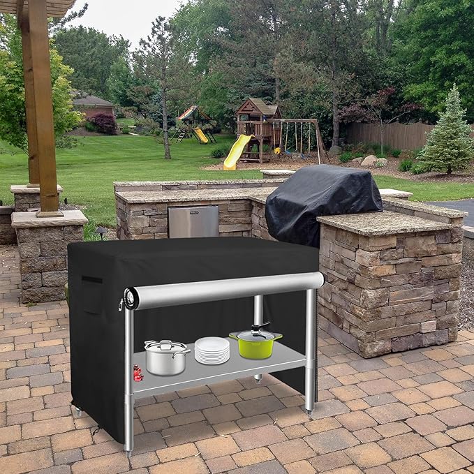 Bitubi 48 Inch Outdoor Prep Table Cover with Split Zipper, Waterproof Stainless Steel Prep & Work Table Cover for Patio Table - 48''L x 24''W x 35''H (Black)