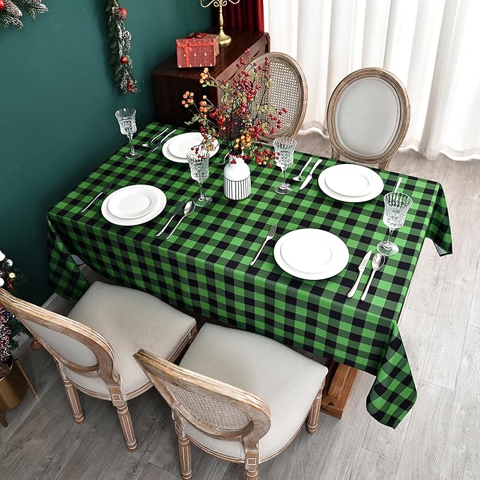 Waterproof Plaid Tablecloth Fabric - Square 58x58 Inch Classic Gingham Checker St Patrick's Day Table Cloth for Indoor/Outdoor Use - Tabletop Cover for Christmas Day, BBQs, and Parties