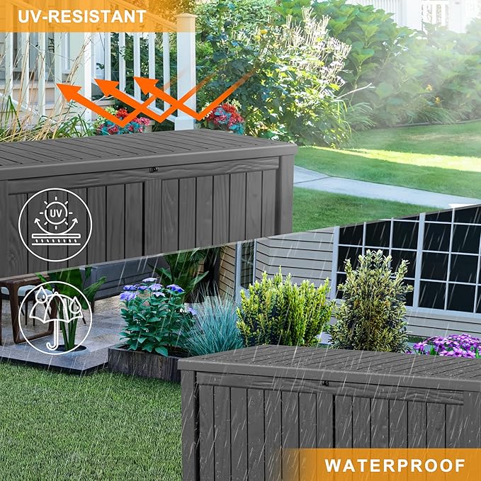 EasyUp 150 Gallon Outdoor Storage Box, Resin Waterproof UV-Resistant Deck Box with Hydraulic Lid Support, Reinforced Stability for Patio, Garden, and Poolside, Black