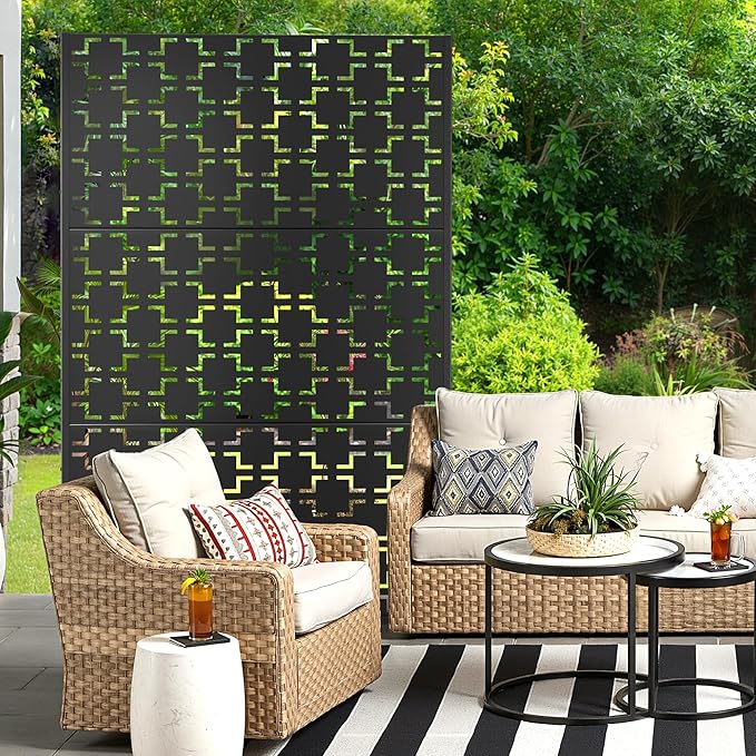 Metal Privacy Screen for Outdoor & Indoor Use, Free Standing Privacy Screen for Patio Garden Pool, 72" H x 47" W Decoative Privacy Panels, Weather Resistant, Easy Assembly (Black Square Floral)