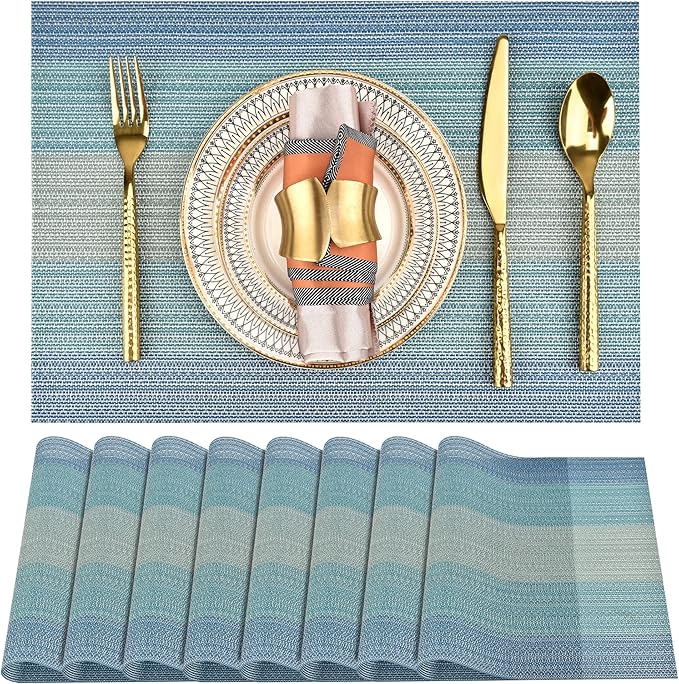 SLKQG Placemats Set of 8 - Easy Clean Washable Vinyl Placemats - Wipeable Heat Resistant Table Mats for Dining Table - 17.7x11.8 Inch (8, Blue Gradient)