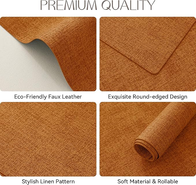 Romanstile Vinyl Placemats Set of 4-12 X 17 Inch - Heat Resistant Place Mats 100% Waterproof Oilproof Wipeable Reversible Faux Leather Table Mats for Kitchen, Dining, Party, Outdoor, Orange