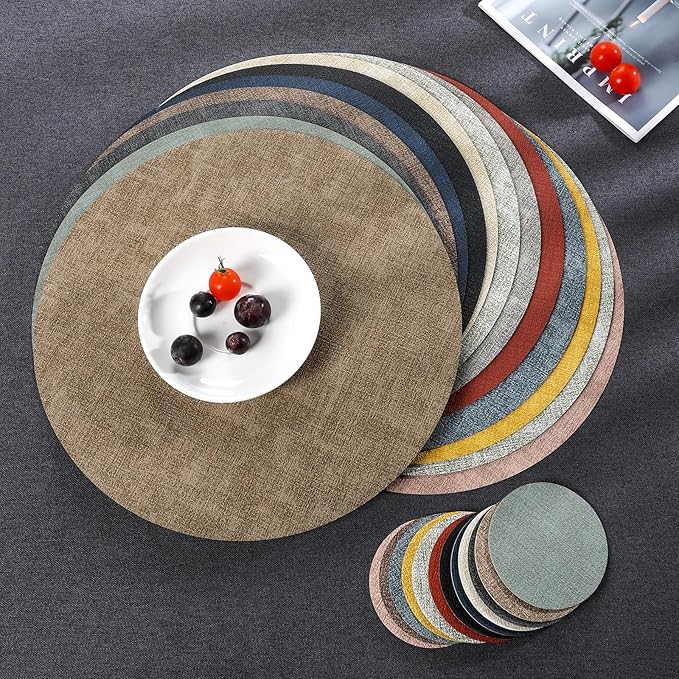 Myir JUN Round Placemats, Dual Sided Faux Leather Place Mats Set of 4 Indoor/Outdoor Non-Slip Washable Table Mats (Gray Cream-White, Set of 4)
