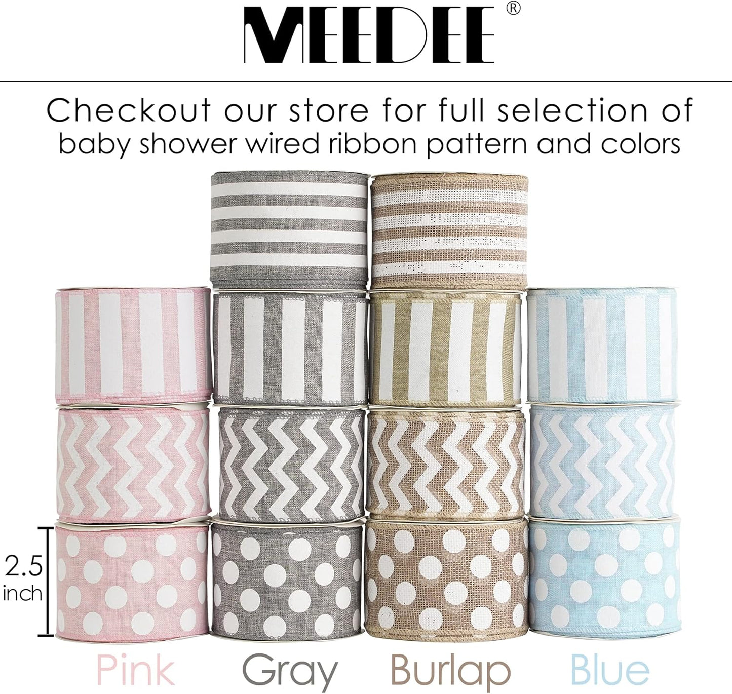 MEEDEE Burlap Wired Ribbon with White Stripe - 2.5 Inch Wired Ribbon for Cakes, Gift Baskets, Wreaths, Rustic Decor, Baby Showers, Beach, Farmhouse, 10 Yards