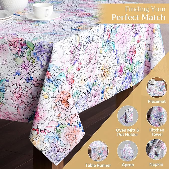 Maison d' Hermine Table Cloth Rectangle Table 100% Cotton 60 x 90 Inches Tablecloth Reusable Decorative for Dining Room, Farmhouse, Home, Party, Festive & Wedding Spring Summer - Floral Love