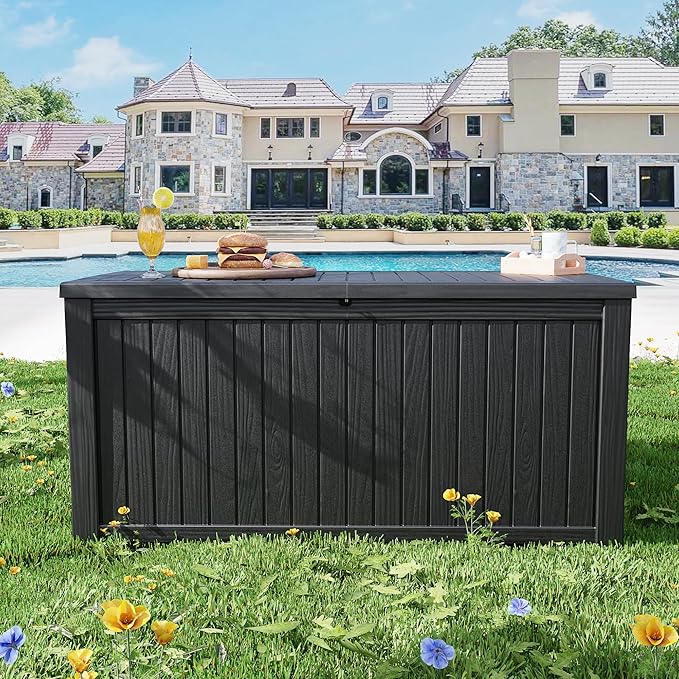 200 Gallon Resin Deck Box, Waterproof Outdoor Storage Box for Patio Furniture, Garden Tools, and Pool Accessories, Lockable UV-Resistant Storage Bin Bench Cabinet for Outside, Black